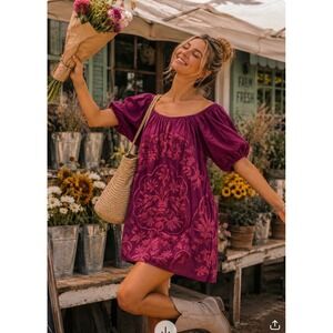 Free People Fiona  Embroidered Mini Dress Purple Pink Puff Sleeve Boho Small